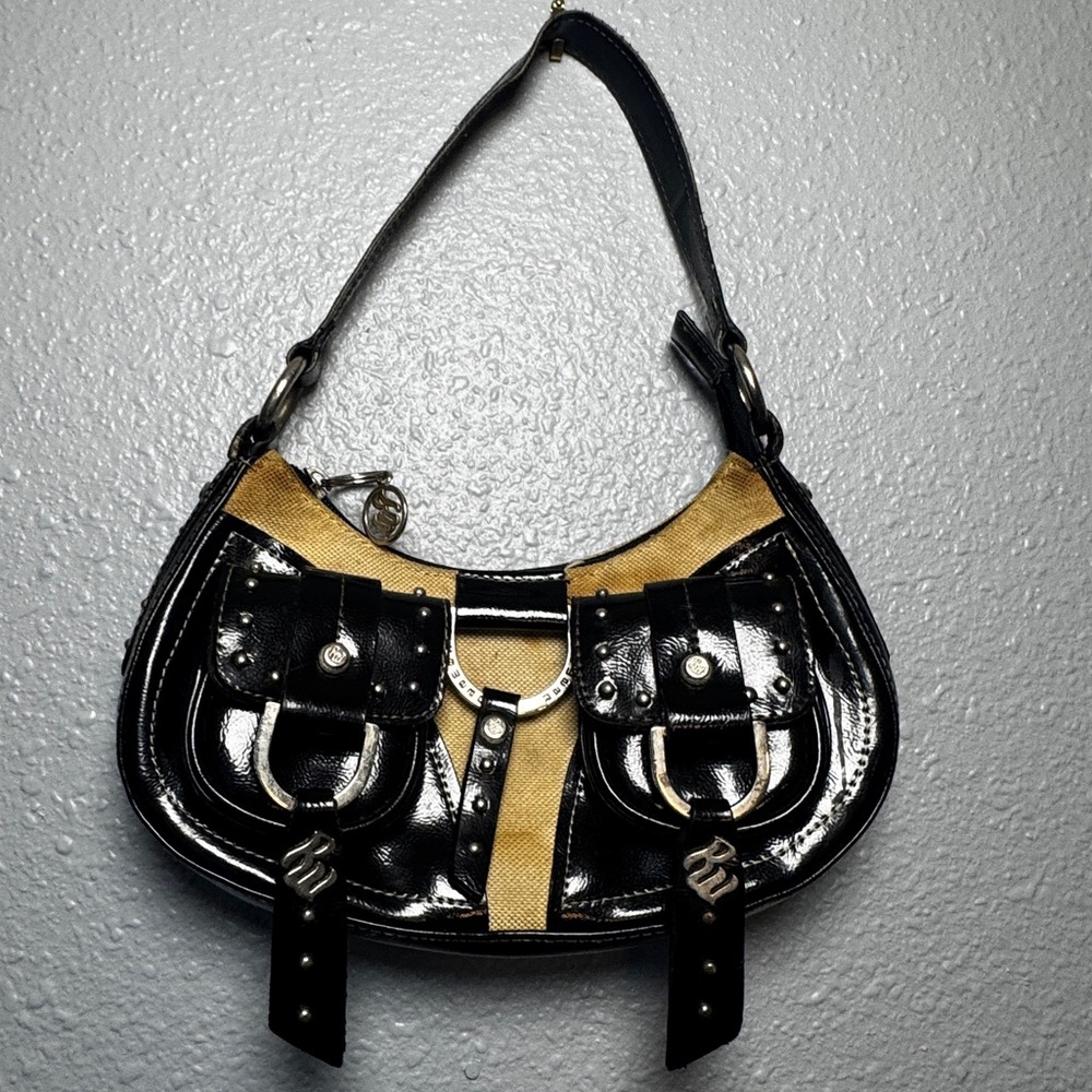 Y2K faux leather Rocawear black & beige studded mini shoulder Bag Women handbag